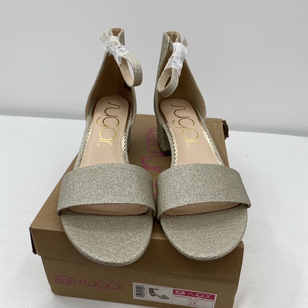Sugar Women Ankle Strap Sandals Noelle Low Size US 9M Gold Sparkle Glitter - Picture 2 of 8
